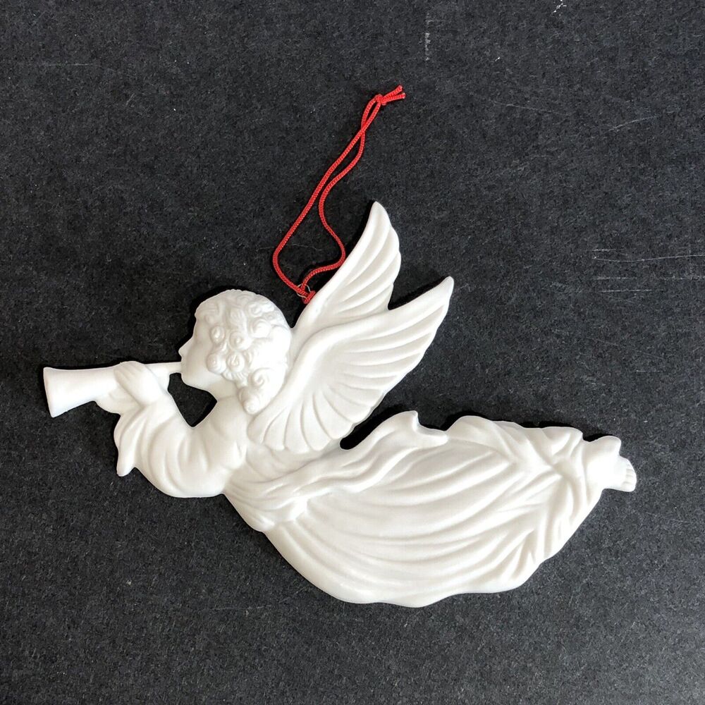Vintage Angel Ornament in Bisque, White Retro Bisque Christmas Tree Horn